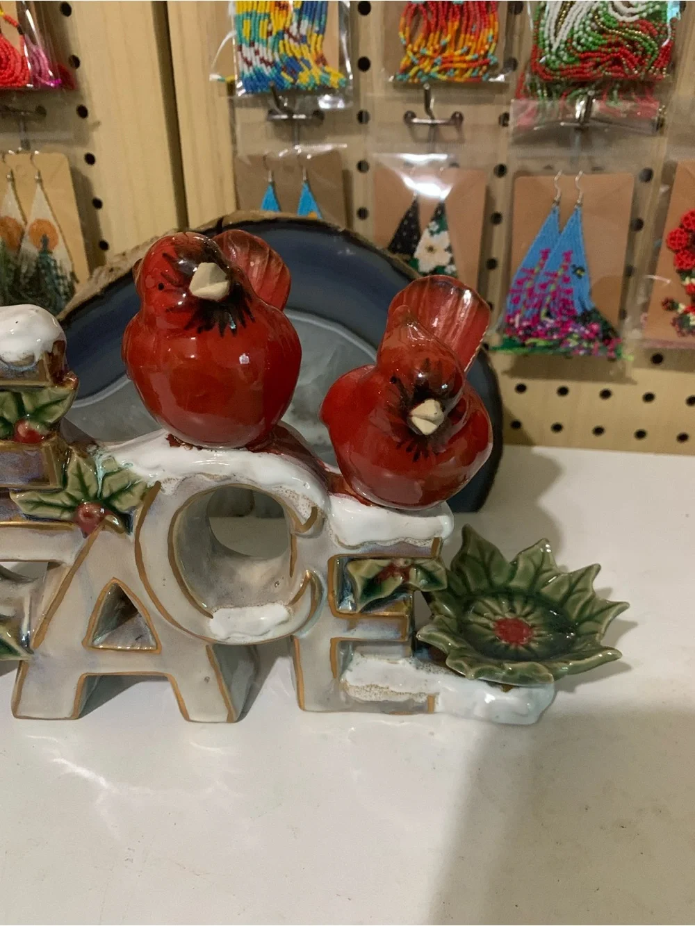 Pier 1 White & Red 'PEACE' Holiday Table Decor with Cardinals